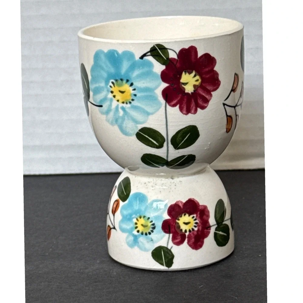 Vintage Japan Hand Painted Floral Ceramic Egg Cup Blue Burgundy Flowers